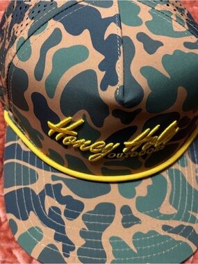 Honey Hole Outdoors Camo Trucker Hat in Green & Tan with Yellow Trim